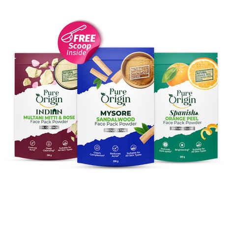 Pure Origin Indian Multani Mitti (200 gm), Mysore Sandalwood (200 gm) & Spanish Orange Peel Face Pack Powder (200 gm) Combo | Reduces Spots & Fights Acne | Brightens Complexion | Suitable for All Skin Types Combo of 3
