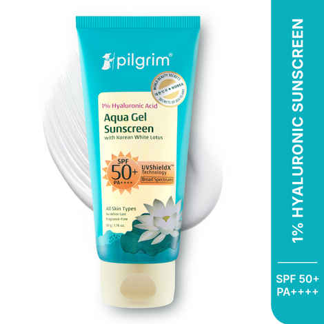 Buy Pilgrim 1% Hyaluronic Acid Sunscreen Gel With SPF 50+++, 50 gm, with Korean White Lotus, Light Aqua Gel Forumla, No White-Cast for UVA/B Rays & Blue Light Protection, for All Skin Types - Purplle