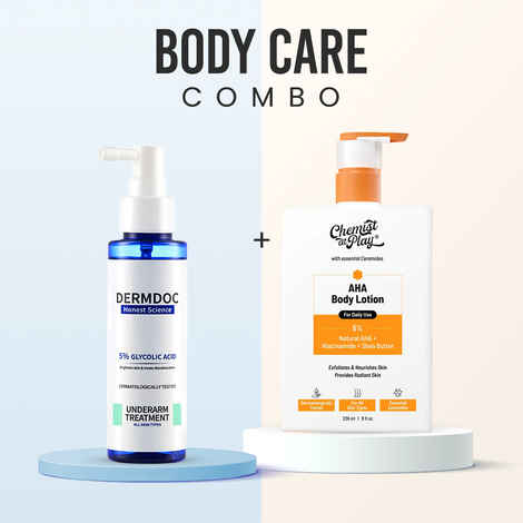 Chemist at Play & DERMDOC Body Brightening Duo (Combo of 2) | Exfoliating Body Wash (236 ml) | 5% Glycolic Acid Brightening Spray (50 ml) | Smoothening & Pigmentation Care