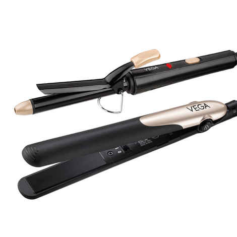 Vega Miss Dazzle Styling Set for Women, Hair Straightener with Ceramic Coated Plates & Curler Combo 19 MM Barrel Hair, Easy Lock System, Safety Stand |(VHSS-02) | Gift set 1 pc