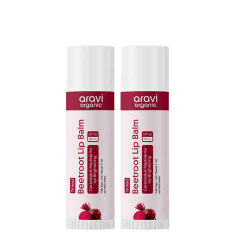 Aravi Organic Beetroot Tinted Lip Balm SPF 50 PA+++ | With Kojic Acid, Ceramide & Peptide | Lip Brightening & Hydrates Dry Lips | Soft, Healthy Lips & Sun Protection | Natural Lip Care (Pack Of 2)