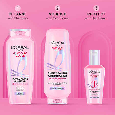 Buy L'Oreal Paris Gloss Restoring Trio | Powered by Glycolic Acid |Shampoo 340 ml + Conditioner 340 ml + Serum 80 ml, Combo of 3 - Purplle