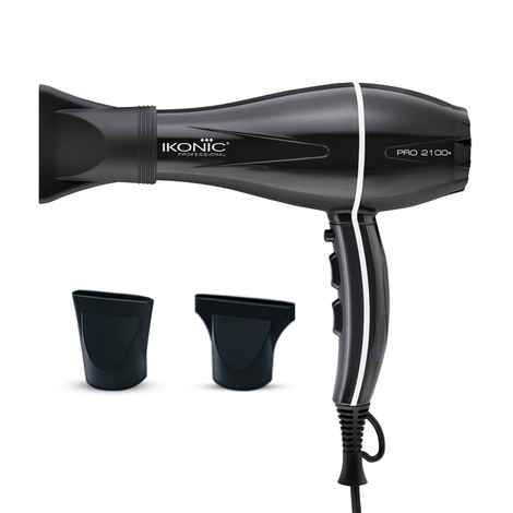IKONIC PROFESSIONAL 2100+ Hair Dryer 2000W, Black, 3 Heat And 2 Speed Settings, Cool Shot, Low Noise Function Interchangeable Nozzles, Professional Styling, For Women And Men, All Hair Type 1 pc