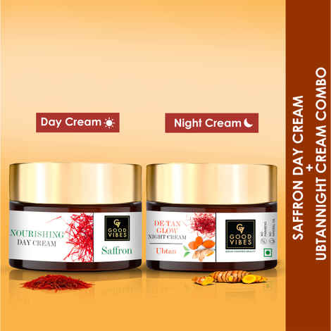 Good Vibes Saffron Day Cream and Ubtan De-tan Night Cream Combo (Set of 2) - Good Vibes De-Tan Glow Night Cream Ubtan with Power of Serum (50 gm) + Good Vibes Saffron Nourishing Day Cream (50 gm) Combo of 2