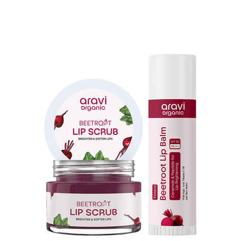 Aravi Organic Lip Brightening Combo | Beetroot Lip Scrub + Tinted Lip Balm SPF 50 PA+++ | Exfoliates Dark Lips, Adds Natural Tint & Sun Protection | Hydrating Lip Care for Men & Women (Pack Of 2)