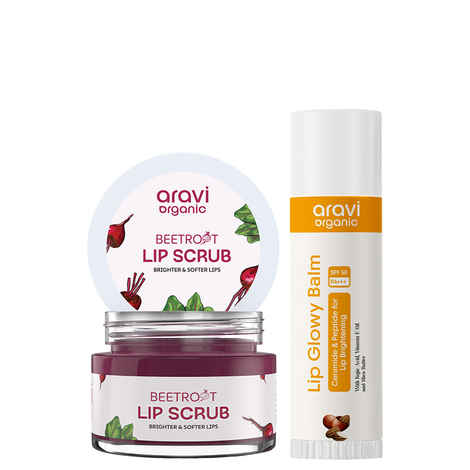 Aravi Organic Lip Care Duo | Lip Scrub + Lip Balm SPF 50 PA+++ | Exfoliates Dark Lips, Hydrates & Protects from Sun | For Soft, Smooth & Sun-Safe Lips (Pack Of 2)