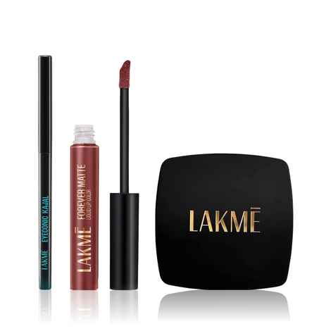 Lakme Makeup kit ( FOREVER MATTE COMPACT Natural Shell (9 gm) + Eyeconic Kajal Deep Black (0.35 gm) + Forever Matte Liquid Lip 16hr Lipstick Lightweight & transferproof - Nude Dream (5.6 ml)) Combo of 3