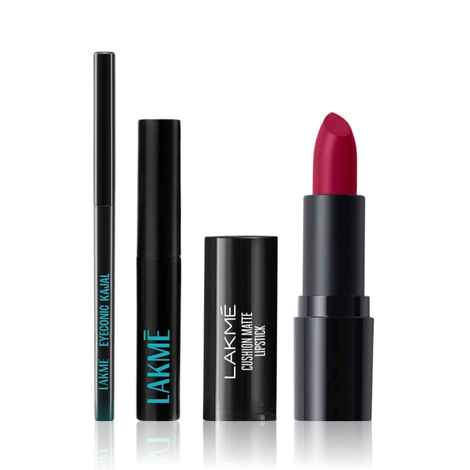 Lakme Makeup Trio (Forever Matte Lipstick Made With French Rose Oil Extracts Red Aurora (4.5 gm) + Eyeconic Kajal Deep Black (0.35 gm) + 9 to 5 Eyeconic Liquid Eyeliner | Smudgeproof |Waterproof |Black |(4.5 ml)) Combo of 3