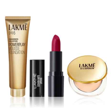 Lakme Festive Combo (9 To 5 Powerplay Matte Mousse Foundation 01 Rose Ivory (6 gm) + VitC Superglow Skin Perfecting Compact Ivory10 (8 gm) + Forever Matte Lipstick Made With French Rose Oil Extracts Red Aurora (4.5 gm)) Combo of 3
