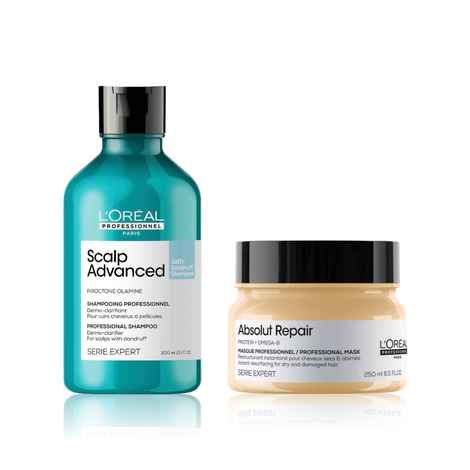 L'Oreal Professionnel Scalp Advanced Anti-Dandruff Dermo-Clarifier Shampoo + Serie Expert Absolut Repair Mask | With Piroctone Olamine (300 ml + 250 gm) Combo of 2, Haircare kit