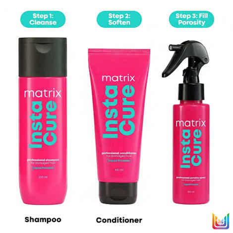 Buy Matrix Insta Cure Professional Liquid Protein Shampoo + Conditioner + Porosity Filling Spray for Damaged Hair| Ditch Damage from the 1st Use*| Reduced Split Ends Breakage Knotting (350ml + 100ml + 100 ml) Combo of 3 - Purplle