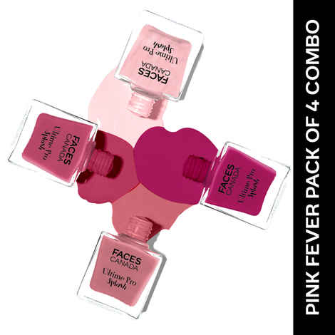 FACES CANADA Ultime Pro Splash Nail Enamel - Pink Fever Combo | Pink Flemenco 21 (8 ml) + Ignite 35 (8 ml) + Twinkle 36 (8 ml) + Pink Punch 130 (8 ml) | Glossy Finish | Long Lasting | Pack of 4