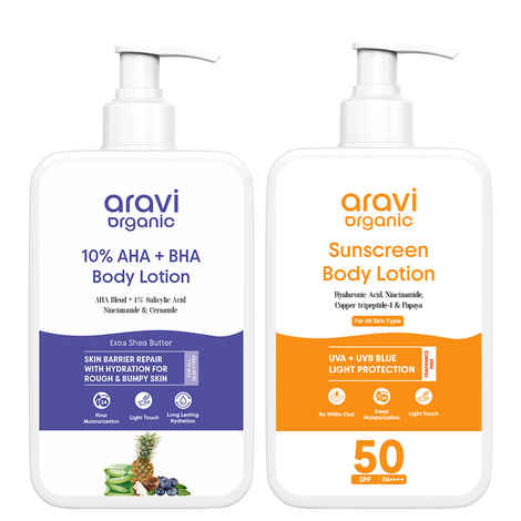 Buy Aravi Organic Body Care Combo of 2| AHA BHA Exfoliating Body Lotion 200 ml + SPF Sunscreen Body Lotion 200 ml | Fades Tan, Brightens Skin & Protects from UV Rays | Daily Body Care for Smooth, Glowing Skin, Skincare Kit - Purplle
