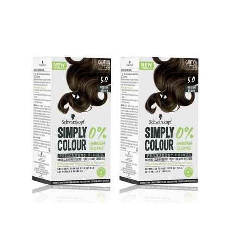 Schwarzkopf Simply Colour Permanent Hair Colour For 100% Grey Coverage Pack of 2- 5.00 Medium Brown(142.5 ml)