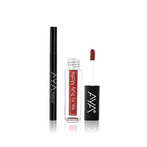 AYA Bold Look Duo (Yes It's Truly Matte Liquid Lipstick, 03 Love With Red & Waterproof Long Lasting Eyeliner, Black) Combo of 2