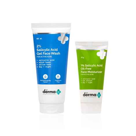 The Derma Co's Targeted Active Acne Care Kit (1% Salicylic Acid Gel Face Wash (80 ml) to Unclog Pores + 1% Salicylic Acid Oil-Free Moisturizer (50 gm) | The Essential Two-Step Regimen for Treating Breakouts) Combo of 2