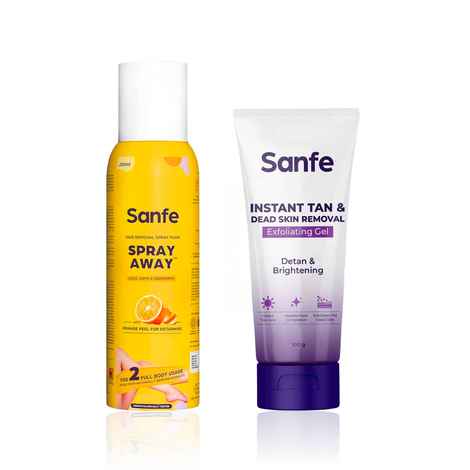 Buy Sanfe Detan & Smooth Skin Combo – Exfoliating Gel (100 gm) + Painless Hair Removal Spray Foam (200 ml) Combo of 2 - Purplle