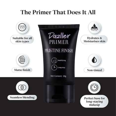 Buy Dazller Primer Pristine Finish | Seamless Blending | Enriched with Natural Extracts & Vitamin E | Long-Lasting | Non-Tinted | Suitable for All Skin Type | 30 gm - Purplle
