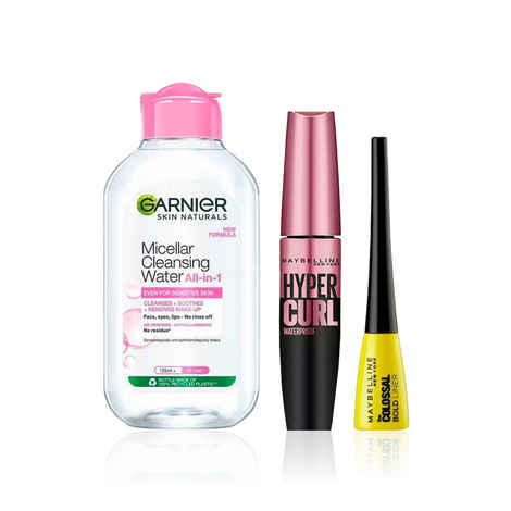 Buy Maybelline Party-Ready Kit (Pack of 3) : Hypercurl Mascara Black (9.2 ml) + Garnier Micellar Cleansing Water Trial Pack (50 ml) + Colossal Bold Pencil Eyeliner Black (3 ml) - Purplle