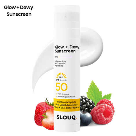 Buy Slouq Glow + Dewy Sunscreen with Ceramide, Vitamin C & SPF 50 PA++++ | UVA/UVB & Blue Light Protection, Suitable for Oily, Dry, Sensitive & Combination Skin | Berry Extract - 50 gm (Pack Of 1) - Purplle