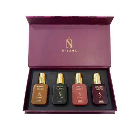 Buy Nisara Gourmet Edition Perfume Gift Set 4x15 ml(60 ml)|Long Lasting Perfume | Notes:- Fruity- Floral, Pistachio, Caramel, Vanilla with | Cherry Bloom | Exotic Lychee | Dubai Kunafa | Caramel Cursh | Ideal gift for Women, Wife, Friend, Girlfriend - Purplle