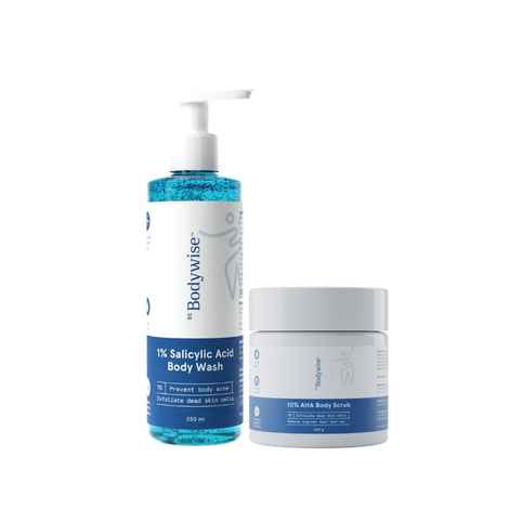 Be Bodywise Acne & Exfoliation Duo (1% Salicylic Acid Body Wash 250 ml + 10% AHA Body Scrub 300 gm) | For Exfoliating Detanning Preventing Body Acne,Combo of 2 Skincare Kit