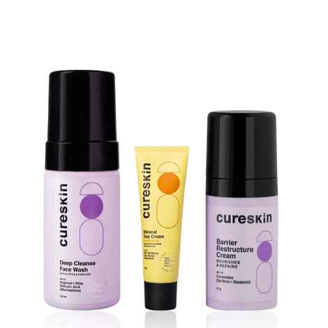 Cureskin Oily Skin Care & Defense System | Deep Cleanse Salicylic Acid Wash, Repair Barrier with Ceramides Cream, and Protect with Matte Finish Mineral Sunscreen SPF 30 (100 ml + 17 gm + 50 gm) Combo of 3