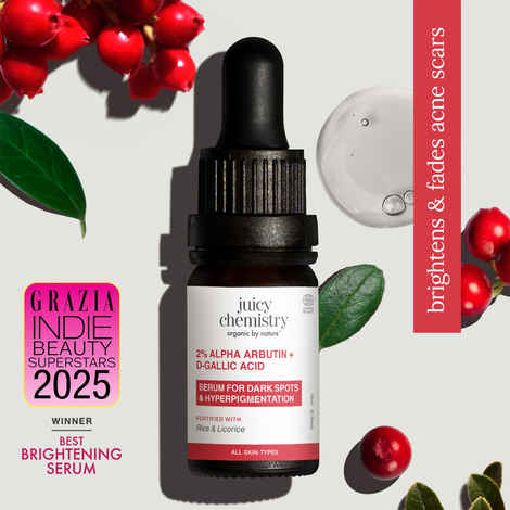 Buy Juicy Chemistry 2% Alpha Arbutin + D-Gallic Acid Serum, 10 ml | Brightens Skin | Fades Dark Spots & Hyperpigmentation | Certified Organic, Alcohol-Free, Non-Comedogenic| For Men & Women - Purplle