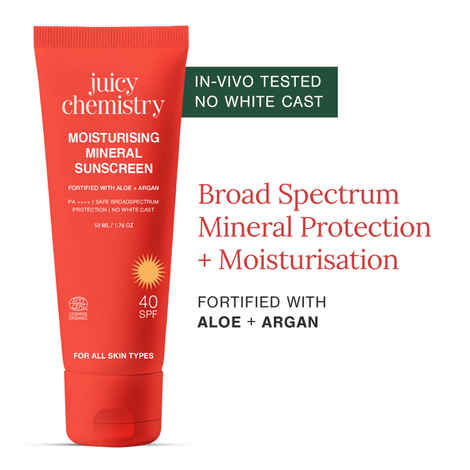Buy Juicy Chemistry Moisturising Mineral Sunscreen, 50 ml | In - Vivo Tested SPF 40 & PA ++++ | With Aloe + Argan | Broadspectrum | No White Caste | Sheer Finish | Kids Safe (2+ years) & Preganancy Friendly | For All Skin Types - Purplle