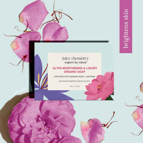 Buy Juicy Chemistry Ultra Moisturising & Luxury Organic Soap Fortified with Damask Rose & Saffron, 100 gm | Brightening & Hydrating Natural Soap - Purplle