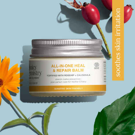 Buy Juicy Chemistry All-In-One Heal & Repair Balm Fortified with Rosehip + Calendula, 25 gm | Multi-Purpose Organic Balm for Dry Skin, Lips, Elbows & Scars | Certified Organic, Fragrance-Free & Alcohol-Free - Purplle