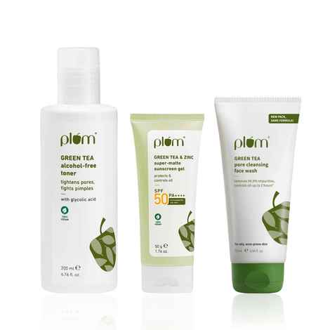 Plum Green Tea Tone and Protect Combo of 3 - Face wash 75 ml, Toner 200 ml, Sunscreen Gel 50 gm - Skincare Kit