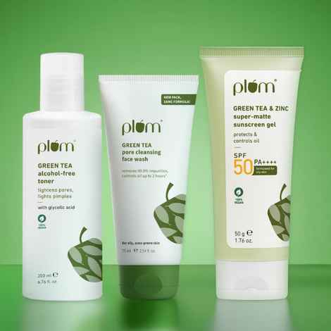 Buy Plum Green Tea Tone and Protect Combo of 3 - Face wash 75 ml, Toner 200 ml, Sunscreen Gel 50 gm - Skincare Kit - Purplle