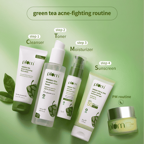 Buy Plum Green Tea Complete Routine Combo of 5 - Face wash 75 ml, Toner 200 ml, Moisturizer 50 ml, Sunscreen Gel 50 gm, Night Gel 15 ml - Skincare Kit - Purplle