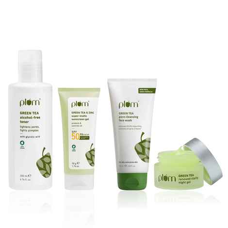 Plum Green Tea Complete Routine Combo of 5 - Face wash 75 ml, Toner 200 ml, Moisturizer 50 ml, Sunscreen Gel 50 gm, Night Gel 15 ml - Skincare Kit