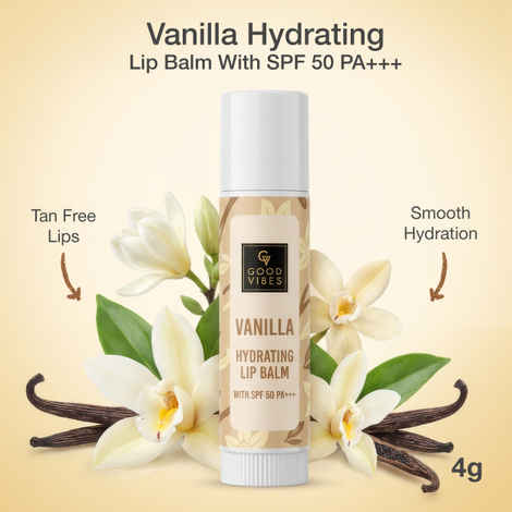 Buy Good Vibes Vanilla Hydrating Lip Balm SPF 50 PA+++ | Nourishing & Sun Protection | Smooth Moisture | Non-Sticky Comfort | Cocoa Butter + Shea Butter | Brightening Niacinamide | Pocket-Sized Daily Lip Care – 4 gm - Purplle