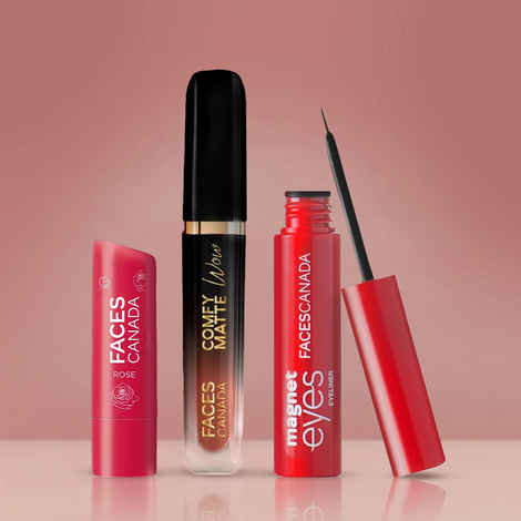 Faces Canada Touch up Trio Makeup Kit (Comfy Matte Wow Liquid Lipstick - Choco Couture + Color Lip Balm - Rose Petal + Magneteyes Eyeliner - Black) Combo of 3
