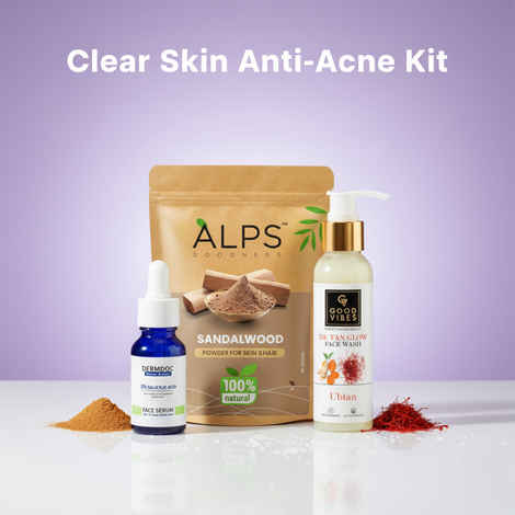 DERMDOC X Alps Goodness X Good Vibes Clear Skin Anti Acne Kit | DermDoc Salicylic Acid Serum (15 ml) | Alps Goodness Sandalwood Powder (50 gm)| Good Vibes Ubtan Face Wash (120 ml) | Acne Care | Glow | Even Tone Combo of 3