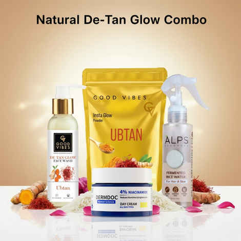 Good Vibes X DERMDOC X Alps Goodness Natural De-Tan Glow Combo | Good Vibes Ubtan Face Wash (120 ml) | Good Vibes Ubtan Insta Glow Powder (50 gm) | Alps Goodness Fermented Rice Water (100 ml) | DermDoc 4% Niacinamide Day Cream (50 gm) Combo of 4