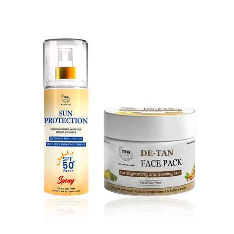 TNW - The Natural Wash Sun Protection SPF 50 Spray 100 ml & D-Tan Face Pack 50 gm | Combo of 2