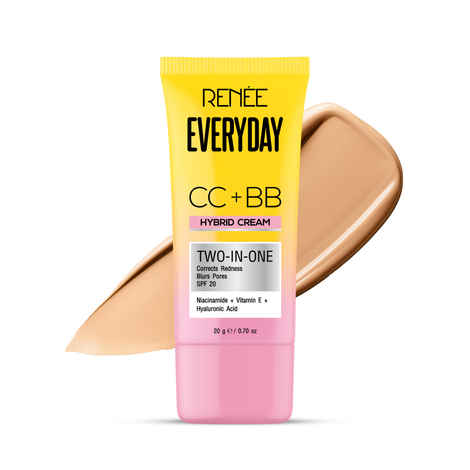 RENEE Everyday CC + BB Hybrid Cream With SPF 20 | Corrects Redness, Blurs Pores, Refines Skin Tone, Hydrates Skin | With Hyaluronic Acid & Niacinamide | Lightweight, Buildable Coverage | 20 gm - Honey Drop
