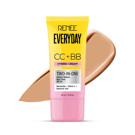 RENEE Everyday CC + BB Hybrid Cream With SPF 20 | Corrects Redness, Blurs Pores, Refines Skin Tone, Hydrates Skin | With Hyaluronic Acid & Niacinamide | Lightweight, Buildable Coverage | 20 gm - Almond Creme