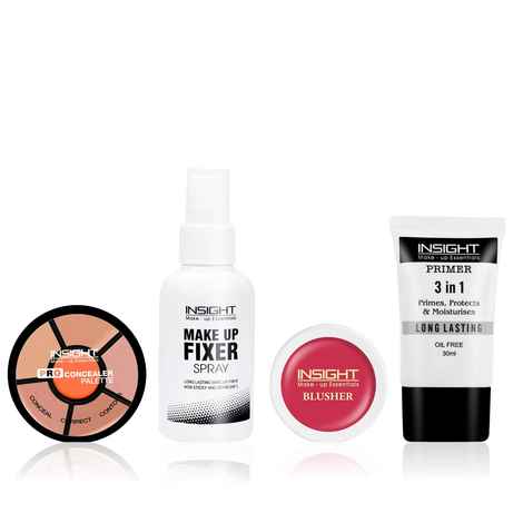 Insight Flawless Base Kit - Insight Cosmetics Pro Concealer Palette Pack of 1 | Insight Cosmetics Blusher - Raspberry Gelato (3.5 gm) | Insight 3 In 1 Long Lasting Primer (30 ml) | INSIGHT Makeup Fixer Spray 75 ml Combo of 4