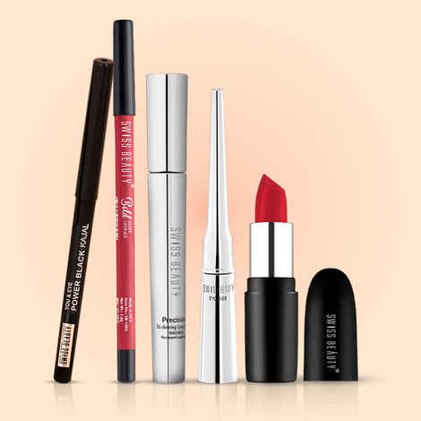 Buy Swiss Beauty Eye & Lip Essentials Kit Precision Mascara-Black, Swiss Beauty Bold Matt LipLiner -,Swiss Beauty Liquid Eyeliner-Black 4ml,Swiss Beauty You & Eye Power Black Kajal 0.30gm,Swiss Beauty Pure Matte Lipstick-Russsian-Red 3.8 gm Combo of 5 - Purplle