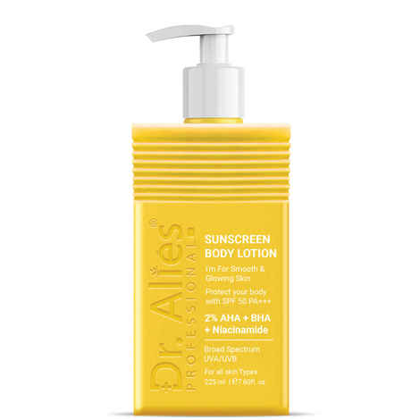 Buy Dr.Alies Professional Sunscreen - SPF 50 PA+++ 2% AHA BHA SPF 50 PA+++ Sunscreen Body Lotion Smooth, Bright, Sun-Protected Skin (225 gm) - Purplle