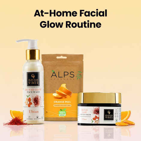 Good Vibes x Alps Goodness At-Home Facial Glow Routine (Combo of 3) | Ubtan Insta Glow Face Wash (120 ml) | Ubtan Insta Glow Light Day Cream (50 gm) | Orange Peel Powder (50 gm)