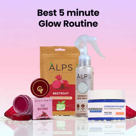Alps Goodness X Good Vibes X DERMDOC Best 5 Minute Glow Routine | Rice Water | Beetroot Powder | Hydrolyzed Collagen Gel | Beetroot Lip Balm Combo of 4