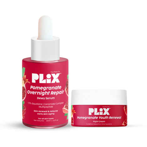 PLIX Pomegranate 0.6% Retinol Face Serum and Pomegranate 1.20% Retinol Night Cream with Bakuchi Oil | Anti Ageing Combo, Reduces Fine Line & Wrinkles | For Men & Women | 30 ml + 50 gm - Combo of 2