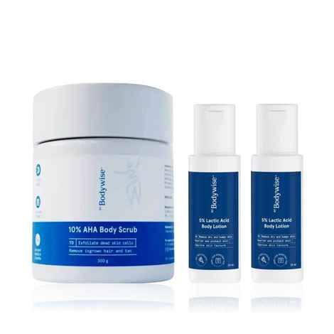 Buy Be Bodywise Ultra-Smoothing De-Tan & Glow Kit - 5% Lactic Acid Body Lotion (2 x 30 ml) + 10% AHA Body Scrub (300 gm) Combo of 2 - Purplle