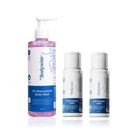Be Bodywise Glow & Barrier Repair Hygiene Kit - 0.5% Ceramide Body Lotion (2 x 30 ml) + 5% Niacinamide Body Wash (250 ml) Combo of 2